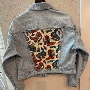 Blue Jean Demin Jacket with Colorful Boot Print Size Large